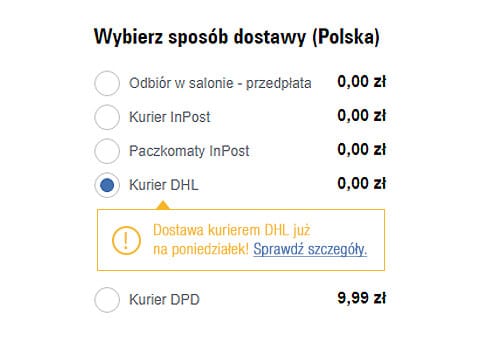 informacja w koszyku na temat czasu dostawy